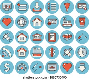 Juego de íconos de tintado azul de línea delgada - vectores planos casa, soldadura, tierra, informe gráfico, efectivo, dólar, equipo, máquina, corazón, gráfico de computadora, satélite, crema de protección solar, aletas, menú, difusión