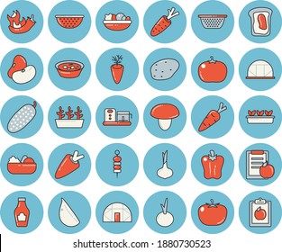 Thin line blue tinted icon set - colander flat vector, food processor, mushroom, potato, tomato, ketchup, legumes, onion, carrot, salad, soup, garlic, bell pepper, hot peppers, cucumber, canape