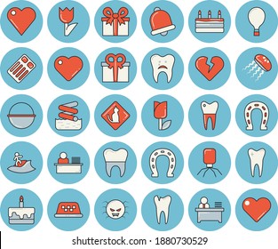 Thin line blue tinted icon set - cauldron flat vector, cake, horseshoe, tulip, present, heart, virus, tooth, caries, dental crowns, office worker, balloon, surfing, aquapark, pets allowed, taxi