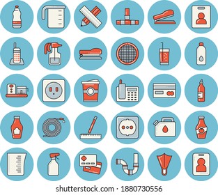 Juego de íconos de color azul claro - tubos vectores planos, enchufes, medida, taza de emasado, procesador de alimentos, tamiz, ketchup, soda, café, mostaza, pulverizador, manguera, cartucho, tarjeta de crédito, teléfono, agua