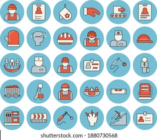 Thin line blue tinted icon set - builder flat vector, level meter, hard hat, potholder, gas station, refueling, conveyor, construction worker, welding, mining, physician, headache, teamwork, badge