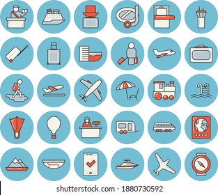 Thin line blue tinted icon set - pool flat vector, aircraft, train, trailer, airport tower, hike, balloon, luggage, suitcase, baggage claim, passport control, check in, hotel first line, departure