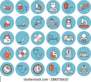 Juego de íconos de color azul claro - vector plano de calentador médico, transfusión de sangre, jeringa, discapacitado, hospital, médico, estetoscopio, microscopio, cama, ambulancia, parche, diagnóstico, embrión, enfermera