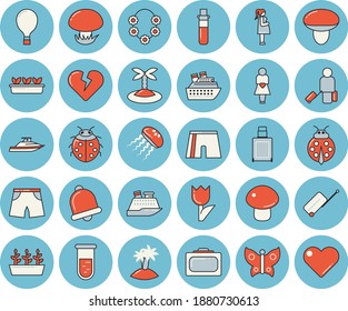 Thin line blue tinted icon set - mushroom flat vector, ladybird, tulip, seedlings, butterflies, blood test, gestation, athletic shorts, balloon, luggage, suitcase, island, hawaiian wreath, yacht