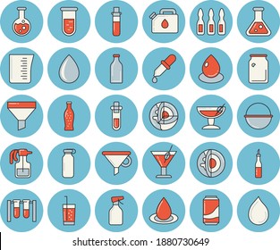 Dünnbläulich getöntes Symbol-Set - Kessel-Flachvektor, Messbecher, Sauce, Limonade, Cocktail, Soda, Pulverisierer, Tropfen, Glasflaschen, Trichter, Pipette, Bluttest, Ampulle, Kolben