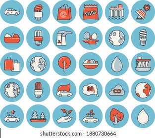 Thin line blue tinted icon set - energy saving lamp flat vector, salad, seeds, tree, seedlings, solar battery, earth, forest, hydroelectric power station, eco cars, electric, carbon dioxide, bags