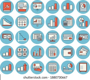 Thin line blue tinted icon set - calculator flat vector, crisis, chart, cash, credit card, purse, statistics, book balance accounting, statistic, presentaition board, achievement, dispenser, safe