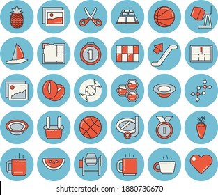 Juego de íconos de color azul claro - mezclador de hormigón vector plano, disposición de la casa, azulejos, suelos, tijeras, sandía, plato, judías de café, zanahoria, té, piña, panal de miel, metalurgia, adn, medalla, corazón