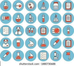 Thin line blue tinted icon set - chemistry flat vector, pipette, blood test, clipboard, medical analysis, artificial insemination, stomach, to do list, flask, microscope, gas burner, oscilloscope