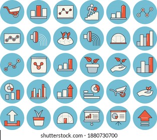 Thin line blue tinted icon set - home plant flat vector, seedlings, planting plants, hose irrigation, garden wheelbarrow, greenhouse, fertilizer vectory, chart, statistics, scatter, statistic