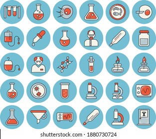 Dünnlinenblaues, getöntes Icon-Set - chemische Flavektor, Trichter, Bluttransfusion, Thermometer, Pipette, Test, Mikroskop, medizinische Analyse, DNA, künstliche Befruchtung, Kolben, Gasbrenner, Becher