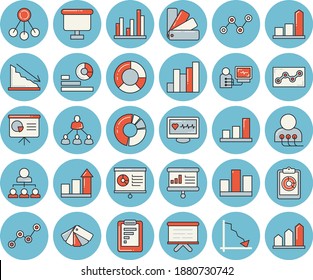 Juego de iconos de color azul de línea delgada - esquema de color vector plano, jerarquía, informe gráfico, crisis, gráfico, estadísticas, dispersión, diagrama de flujo, diagnóstico informático de salud, estadística, diagrama de clircle, punto