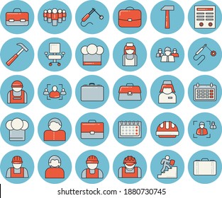 Thin line blue tinted icon set - builder flat vector, hard hat, hammer, cook, construction worker, welding, case, team, calendar, briefcase, nurse, recruitment, office chair, contract, career ladder