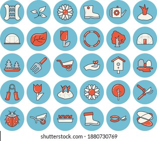 Thin line blue tinted icon set - nesting box flat vector, tree, flower, ladybird, pitchfork, secateurs, seedlings, watering can, planting plants, garden wheelbarrow, gumboots, tulip, greenhouse