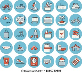 Thin line blue tinted icon set - bicycle flat vector, pool, trailer, hike, luggage, suitcase, baggage claim, passport control, check in, tent, hotel first line, arrival, hand, sea beach, island