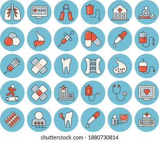 Juego de íconos de tintado azul delgado en línea - envasado de píldoras vector plano, calentador médico, transfusión de sangre, pipeta, jeringa, diagnóstico de la salud por computadora, hospital, estetoscopio, masaje, parche, caries, pulmones