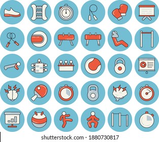 Juego de íconos de tintado azul de línea delgada - cronómetro vectorial plano, rotafolios, gráfico, reunión, tormentas de ideas, peso, zapatillas, cuerda de salto, expansor carpiano, barras paralelas, equipo deportivo caballo, bola de tenis