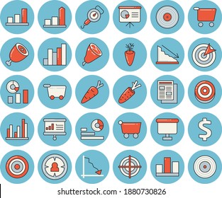 Thin line blue tinted icon set - spring balance flat vector, ham, carrot, grocery trolley, target audience, crisis, chart, dollar, statistics, flipchart, news, statistic, presentaition board