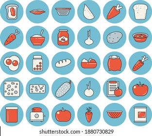 Thin line blue tinted icon set - colander flat vector, toaster, flour, potato, tomato, onion, carrot, cheese, bread, spaghetti, salad, soup, porridge, garlic, cucumber, scrambled eggs, jam, sandwich