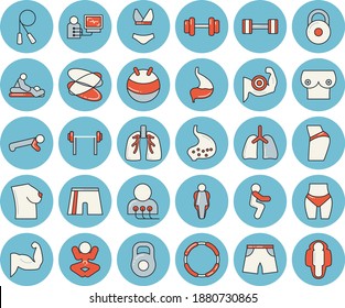 Thin line blue tinted icon set - massage flat vector, diagnostics, breast, stomach, lungs, dumbbell, barbell, weight, muscles, buttocks, waistline, skipping rope, athletic shorts, fitball, swimsuit