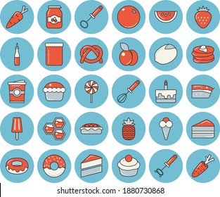 Thin line blue tinted icon set - cake flat vector, whisk, sauce, lemon, pancakes, bagel, watermelon, cupcake, piece of, donut, pie, lollipop, ice cream, coffe, jam, Strawberry, pineapple, plum