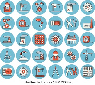 Juego de íconos de color azul claro - grúa vectorial plano, constructor, medida de cinta, fábrica, manufactura, planta, rueda cognoscitiva, obrero de la construcción, robótica, divisores, cromosomas, mano robot, energía nuclear