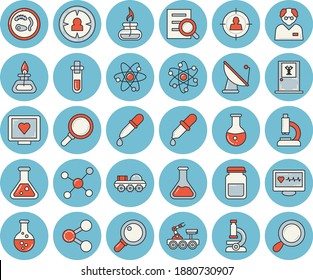 Thin line blue tinted icon set - chemistry flat vector, satellite antenna, magnifier, target audience, molecules, pipette, computer diagnostics of health, microscope, medical analysis, flask, atom