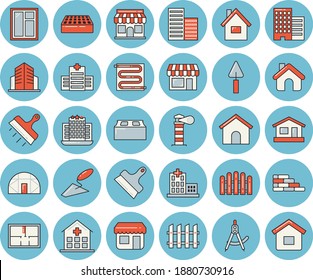 Thin line blue tinted icon set - house flat vector, brick wall, window, trowel, layout, skyscraper, putty knife, fence, warm floor, greenhouse, dividers, store front, lighthouse, hospital, hotel