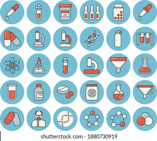 Thin line blue tinted icon set - fertilizer flat vectory, chemistry vector, funnel, pills, vial, pipette, blood test, microscope, ampoule, DNA, molecules, molecule, atom, gas burner, scientist