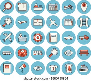 Thin line blue tinted icon set - house layout flat vector, induction cooker, sandwich, pancakes, pickup truck, bench, magnifier, calendar, eye, office worker, notebook, telescope, brain fector, bus