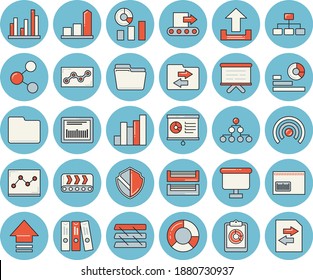 Juego de iconos tintados de color azul de línea delgada - transportador vector plano, informe gráfico, gráfico, estadísticas, diagrama de flujo, código de barras, estadística, diagrama de clircle, archivo de computadora, carpeta, punto, bandeja de papel, clasificación