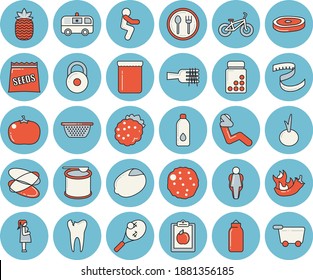 Thin line blue tinted icon set - colander flat vector, table setting, lemon, spaghetti on a fork, chop, cutlet, onion, hot peppers, tomato, jam, blackberry, pineapple, seeds, ambulance, gestation