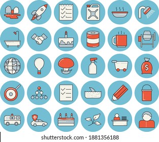 Thin line blue tinted icon set - concrete mixer flat vector, shower, hiking pot, teflon, canned food, cake, soup, mushroom, pulverizer, tree leaf, forest, canister, autopilot, earth, wealth, coffee