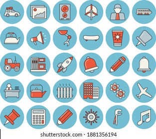 Thin line blue tinted icon set - tool flat vector, skyscraper, teapot, induction cooker, tractor, sun, gas station, radiator, person, mouthpiece, office worker, pencil, robot hand, rocket, cogwheel