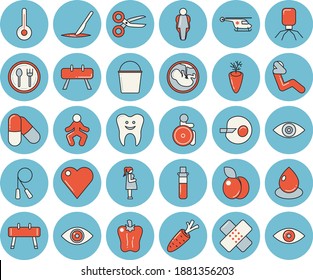 Juego de íconos de color azul delgado - temperatura vectorial plana, ajuste de mesa, zanahoria, pimiento, ciruela, hebilla, gota, análisis de sangre, corazón, discapacitado, virus, ojo, parche, helicóptero, embrión, gestación