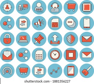 Juego de iconos de color azul claro - tarjeta SIM vector plano, vagón de comestibles, público objetivo, operador de teléfono, gráfico de dispersión, boquilla, chat, diagnóstico, laptop, mail, cpu, seguridad, compartir, cargar