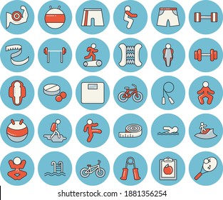 Juego de íconos de color azul claro - píldoras vectorial plana, dumbbell, barbell, dieta, pesador, centímetro, músculos, bicicleta, cuerda de salto, expansor carpal, pantalones cortos atléticos, fitball, yoga, Treadmill