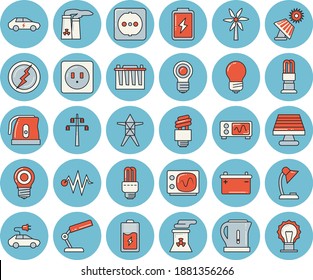 Thin line blue tinted icon set - sockets flat vector, energy saving lamp, electric kettle, windmill, battery, solar, accumulator, power line support, cars, reading, bulb, fector, nuclear plant