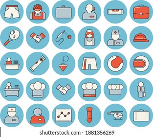 Thin line blue tinted icon set - level meter flat vector, hard hat, construction plummet, cook, worker, welding, case, physician, helicopter, nurse, phone operator, office, point diagram, tie