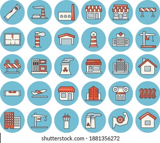 Thin line blue tinted icon set - crane flat vector, house layout, level meter, skyscraper, heating batteries, barrier, grain warehouse, gas station, factory, manufactory, store front, lighthouse