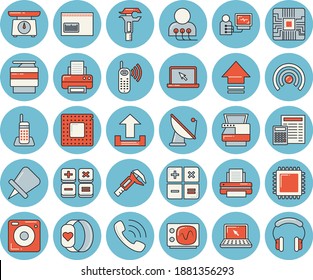 Thin line blue tinted icon set - calculator flat vector, weighing machine, trammel, satellite antenna, motherboard, phone call, barcode, diagnostics, telephone, printer, copy, laptop, cpu, broadcast