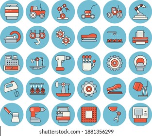 Juego de íconos de color azul claro - gancho vectorial plano, mezclador de hormigón, destornillador de taladros, pavo, tractor, máquina de rociar, cortadora de césped, bombeo de aceite, robótica, rueda cognoscitiva, efectivo, tomógrafo, impresora, copia