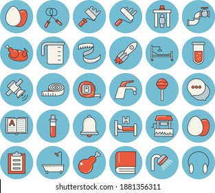 Juego de íconos de color azul claro - cinta medir el vector plano, rodillo de pintura, ducha, grifo, taza de mechería, huevo, pollo, chulepete, pozo, tubería principal, cohete, chat, análisis de sangre, portapapeles, libro, campana