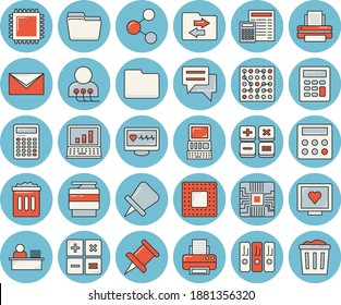 Thin line blue tinted icon set - calculator flat vector, motherboard, chat, computer diagnostics of health, drawing pin, file, folder, office worker, printer, copy machine, mail, cpu, share, sharing
