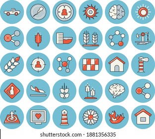 Thin line blue tinted icon set - tile flat vector, warm floor, hot peppers, ear, pickup truck, flower, oil pumping, lighthouse, target audience, molecules, computer diagnostics of health, sperm, sun