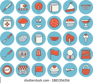 Thin line blue tinted icon set - colander flat vector, ladle, kitchen spatula, mushroom, potato, cupcake, ice cream, biscuit, seeds, tree, conveyor, pipe production, store front, person, flag, pen