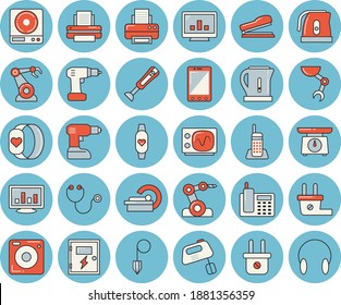 Thin line blue tinted icon set - drill screwdriver flat vector, switch box, construction plummet, weighing machine, electric kettle, mixer, blender, plug socket, robotics, stethoscope, tomograph