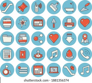 Dünne Linie blauer Farbtonsatz - Stuhlflavektor, Dusche, Puttmesser, Batterie, Drop, Laser, Anruf, Herz, Kalender, Computerdatei, Taschenrechner, Drucker, Kopiermaschine, Laptop, Funken, Push-Pin