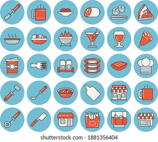 Thin line blue tinted icon set - cook hat flat vector, ladle, kitchen spatula, spoon, knives, meat hammer, cutting board, spice, barbecue, plates, sausage, spaghetti on a fork, pizza, salad, soup