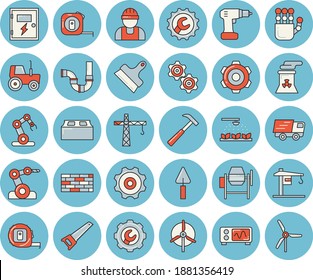 Thin line blue tinted icon set - crane flat vector, builder, brick wall, concrete mixer, trowel, cogwheel, drill screwdriver, saw, tape measure, pipes, switch box, repair, putty knife, hammer